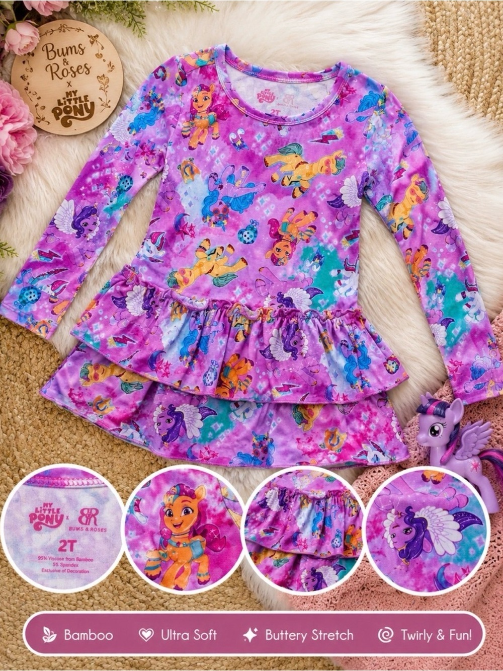 Bums Roses x My Little Pony Ruffle Dress G5 Twirl Bamboo Long Sleeve Pink 2T